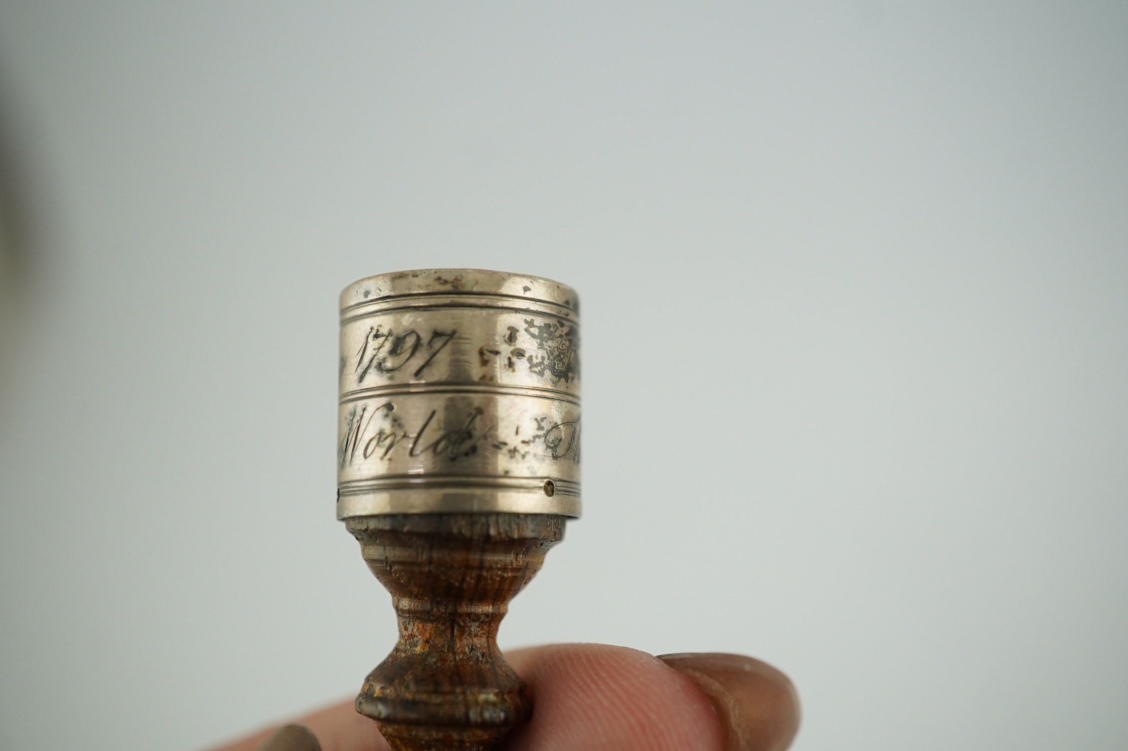 Australian Interest - an antique silver mounted treen miniature tipstaff inscribed 'William Raven, Commander Ship Britannia, From Feby 1792 to June 1797 - Three Times Round the World'. 6cm high. Condition - good